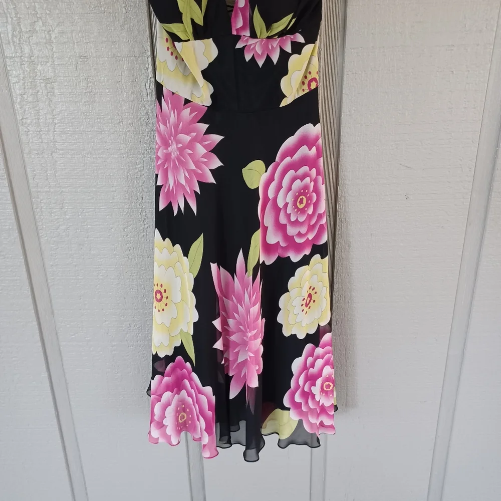 Cache Vintage Y2K Silk Floral Halter Dress Size 8 Women Lace Up Back Whimsical